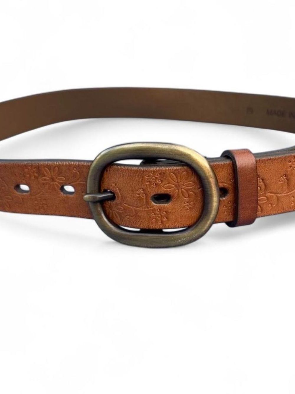 Lands End Floral-Embossed Tan Leather Belt with Antique Style Oval Buckle